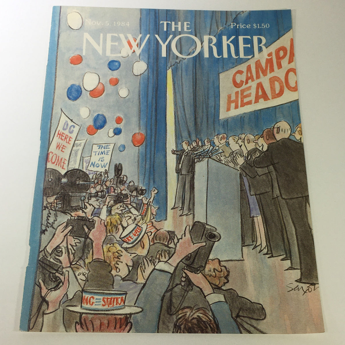 Cover of The New Yorker Magazine from November 5, 1984, featuring artwork by Charles Saxon, depicting a campaign event with colorful balloons and crowds holding signs.