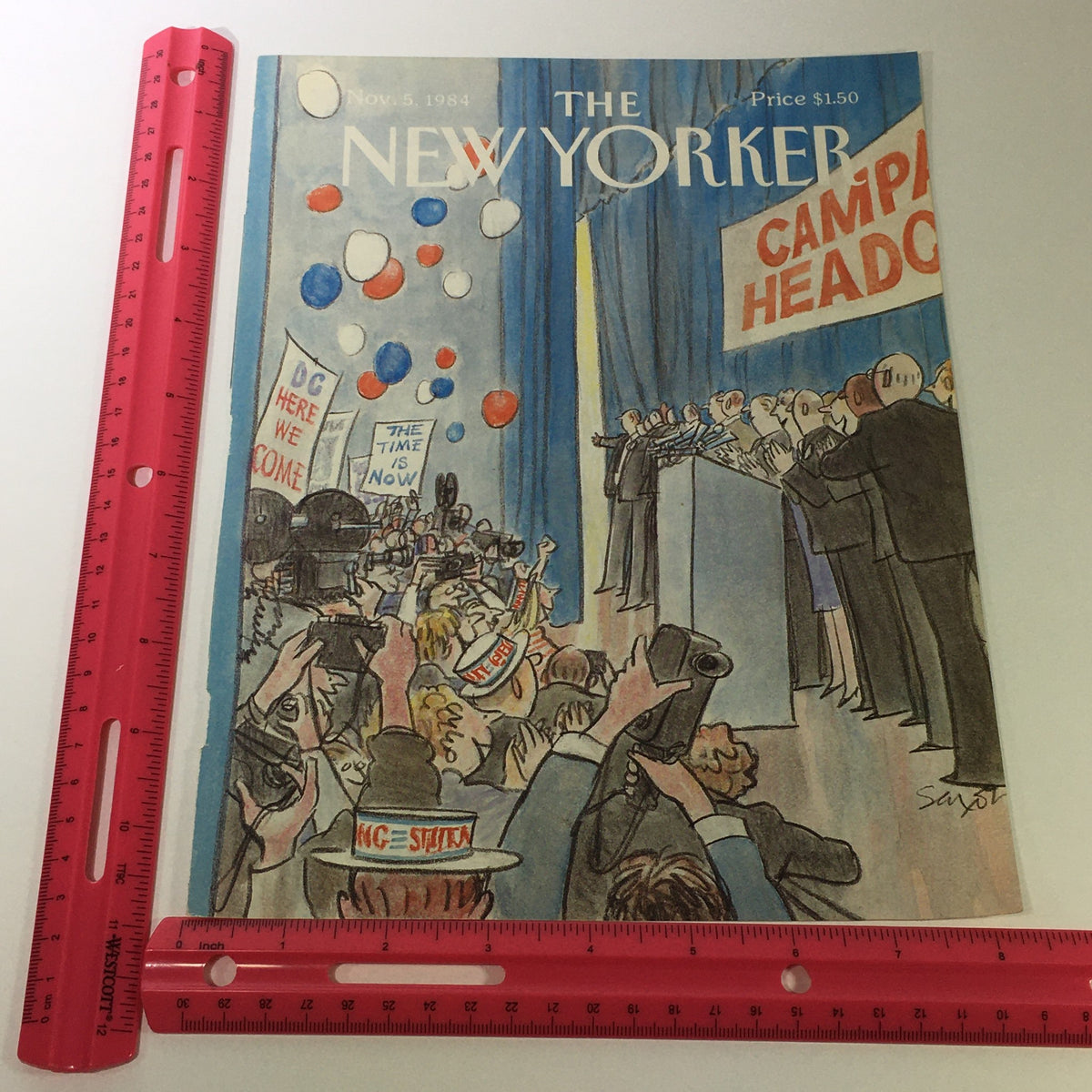 The New Yorker Magazine cover dated November 5, 1984, showing the campaign scene with Charles Saxon’s illustration along with a ruler for size comparison.
