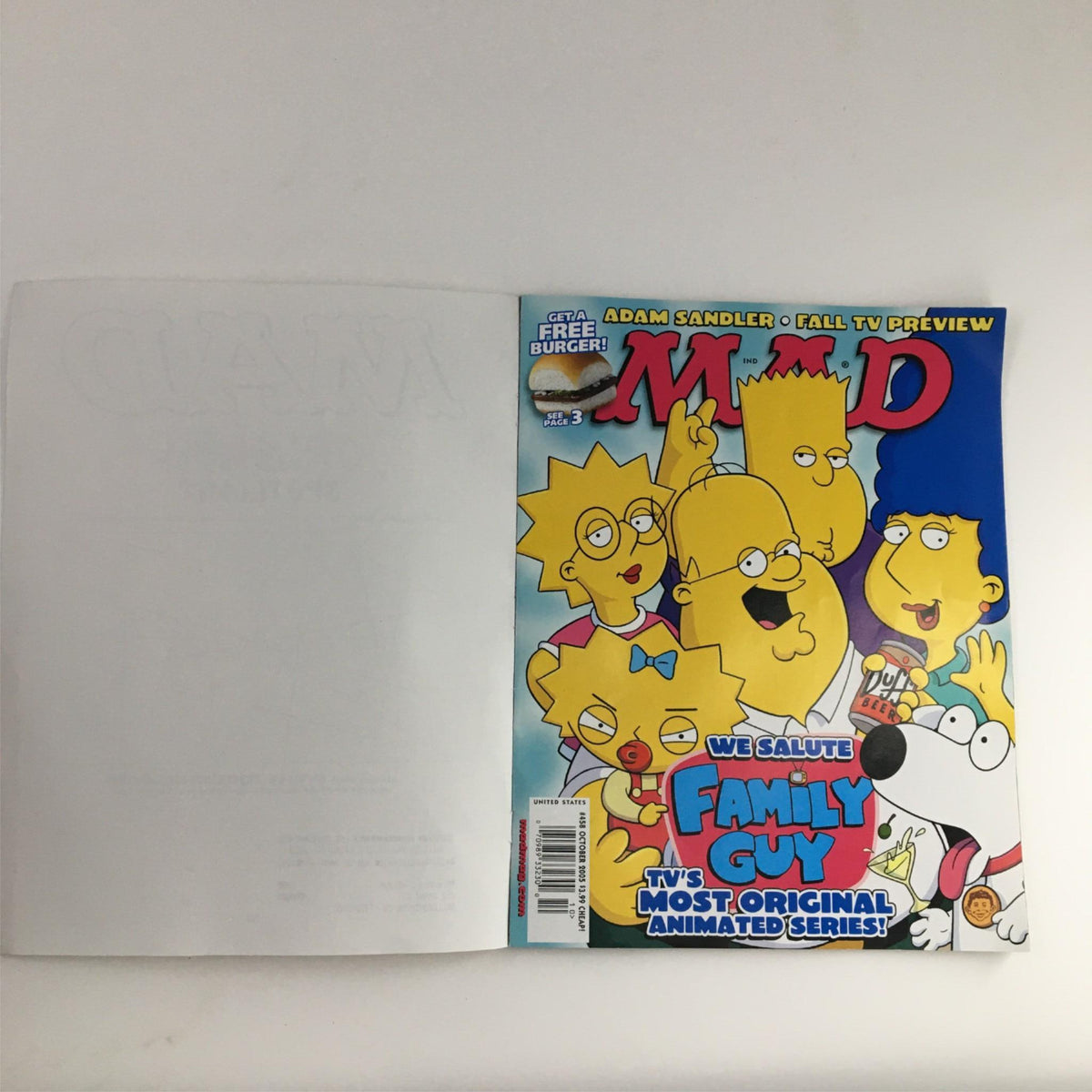 Mad Magazine October 2005 #458 featuring Family Guy on the cover, showcasing cartoon characters including Lisa Simpson and Peter Griffin, rated Very Fine VF 8.0, a subscription copy.