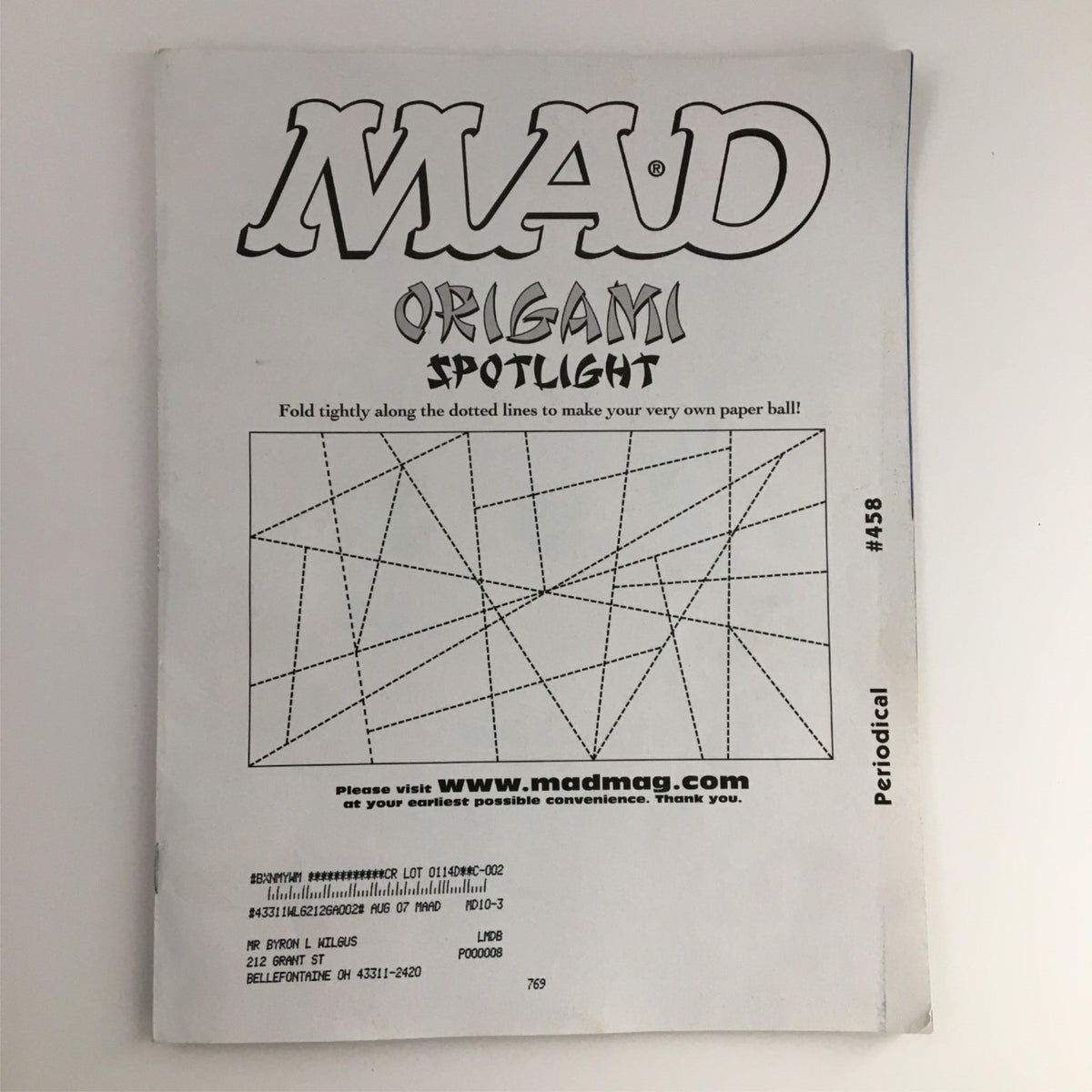 Back cover of Mad Magazine October 2005 #458 featuring origami instructions and promotional content, relevant to collectors of family comedy magazines.
