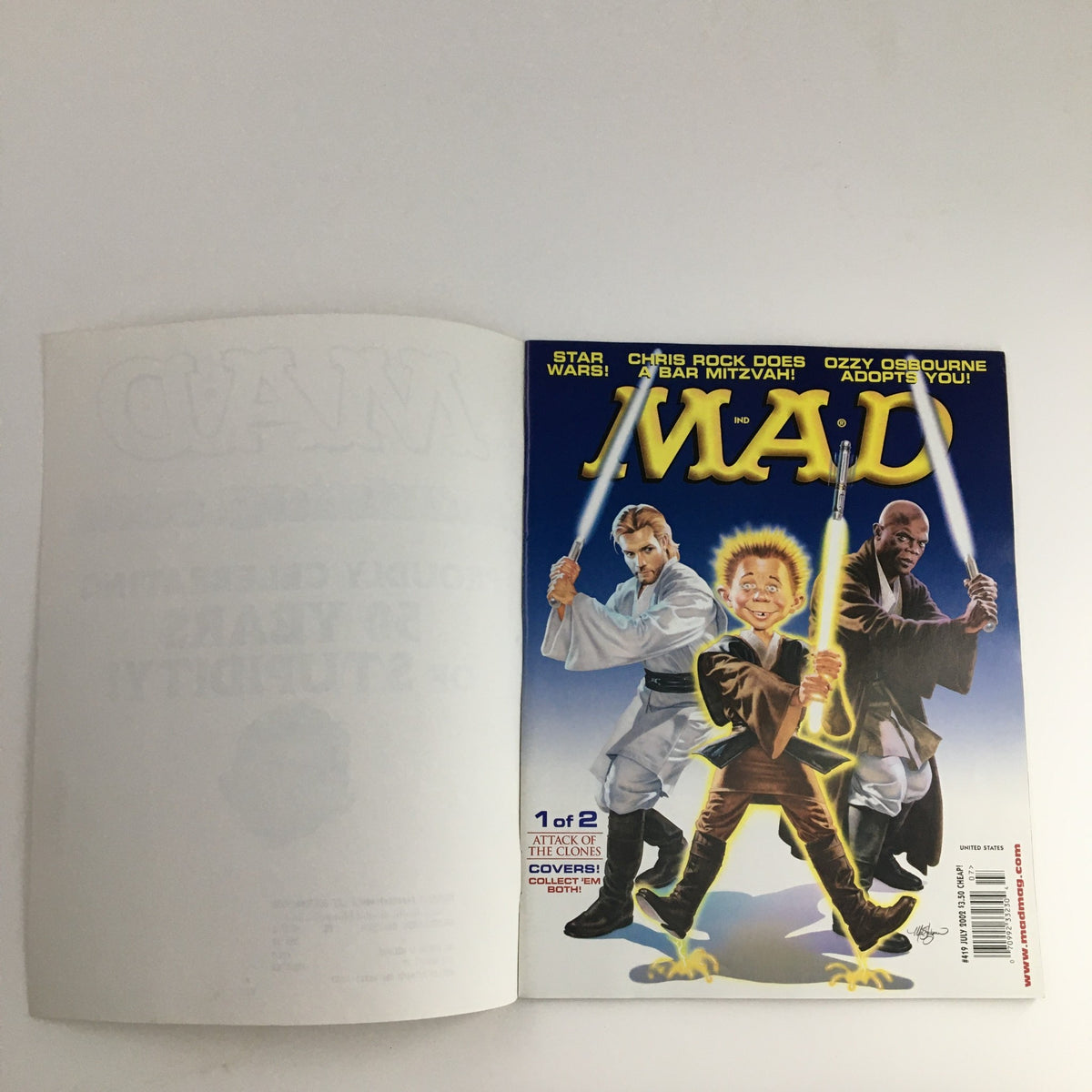 Cover of Mad Magazine July 2002 #419 featuring Star Wars theme with characters wielding lightsabers for Very Fine VF 8.0 Subscription Copy.