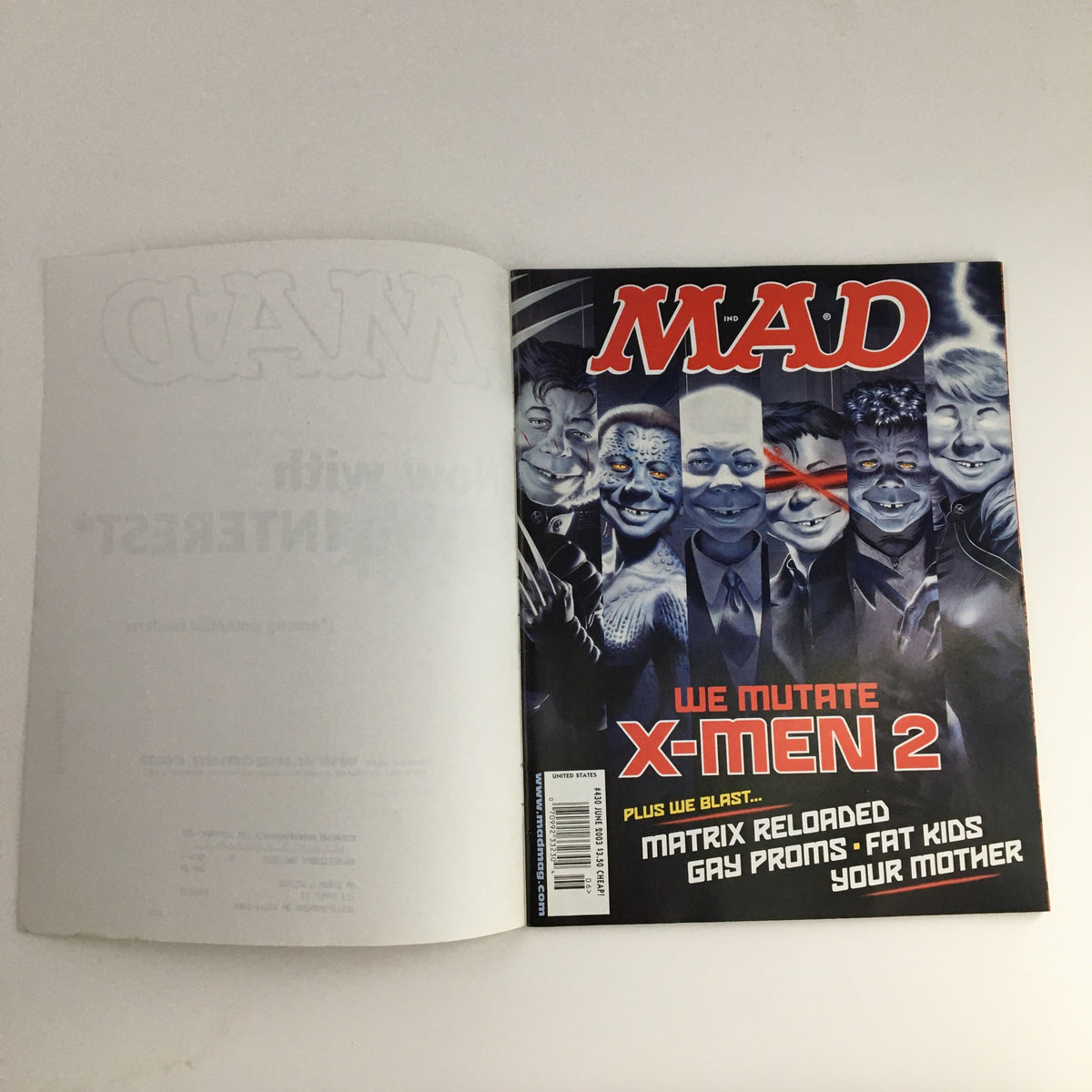 Cover of Mad Magazine June 2003 #430 featuring a parody titled 'We Mutate X-Men 2' and illustrations of iconic characters.