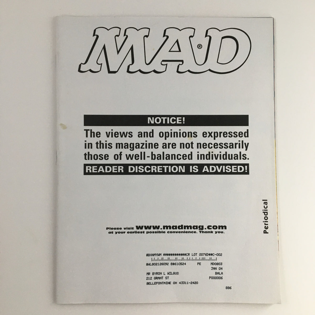 Back cover of Mad Magazine August 2003 #432, featuring a notice about the opinions expressed in the magazine, highlighting the comedic and satirical content related to Adam Sandler.