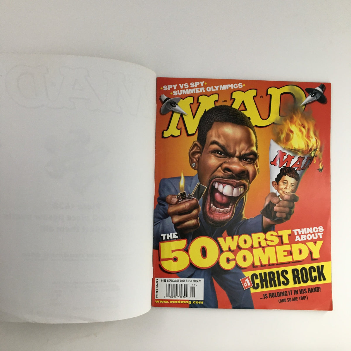 Cover of Mad Magazine September 2004 #445 featuring comedian Chris Rock, showcasing the title 'The 50 Worst Things About Comedy' with humorous artwork.