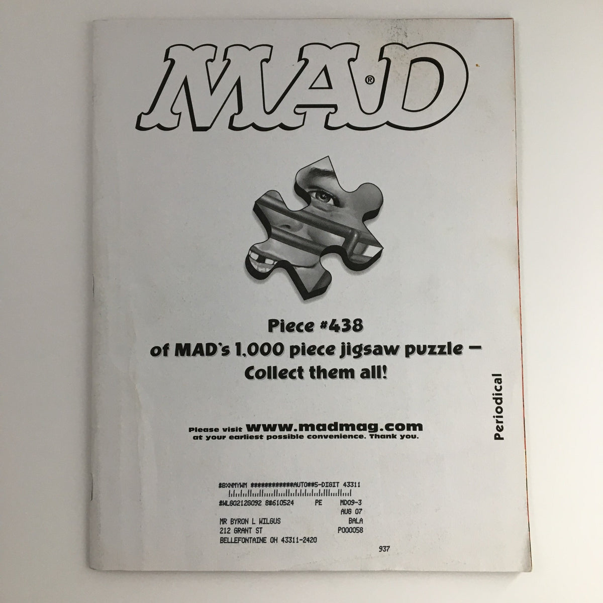 Back cover of Mad Magazine September 2004 #445, featuring a jigsaw puzzle piece advertisement related to Mad Magazine collectibles.
