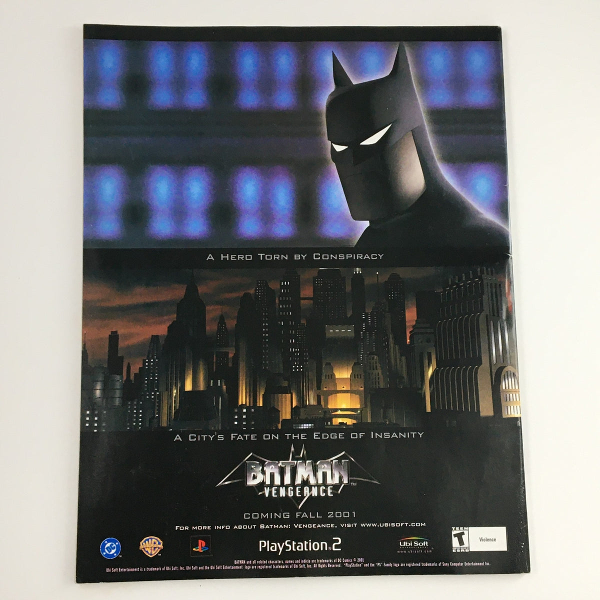 Back cover of Mad XL Magazine November 2001 #12 highlighting Batman Vengeance video game, promoting its release for Fall 2001.