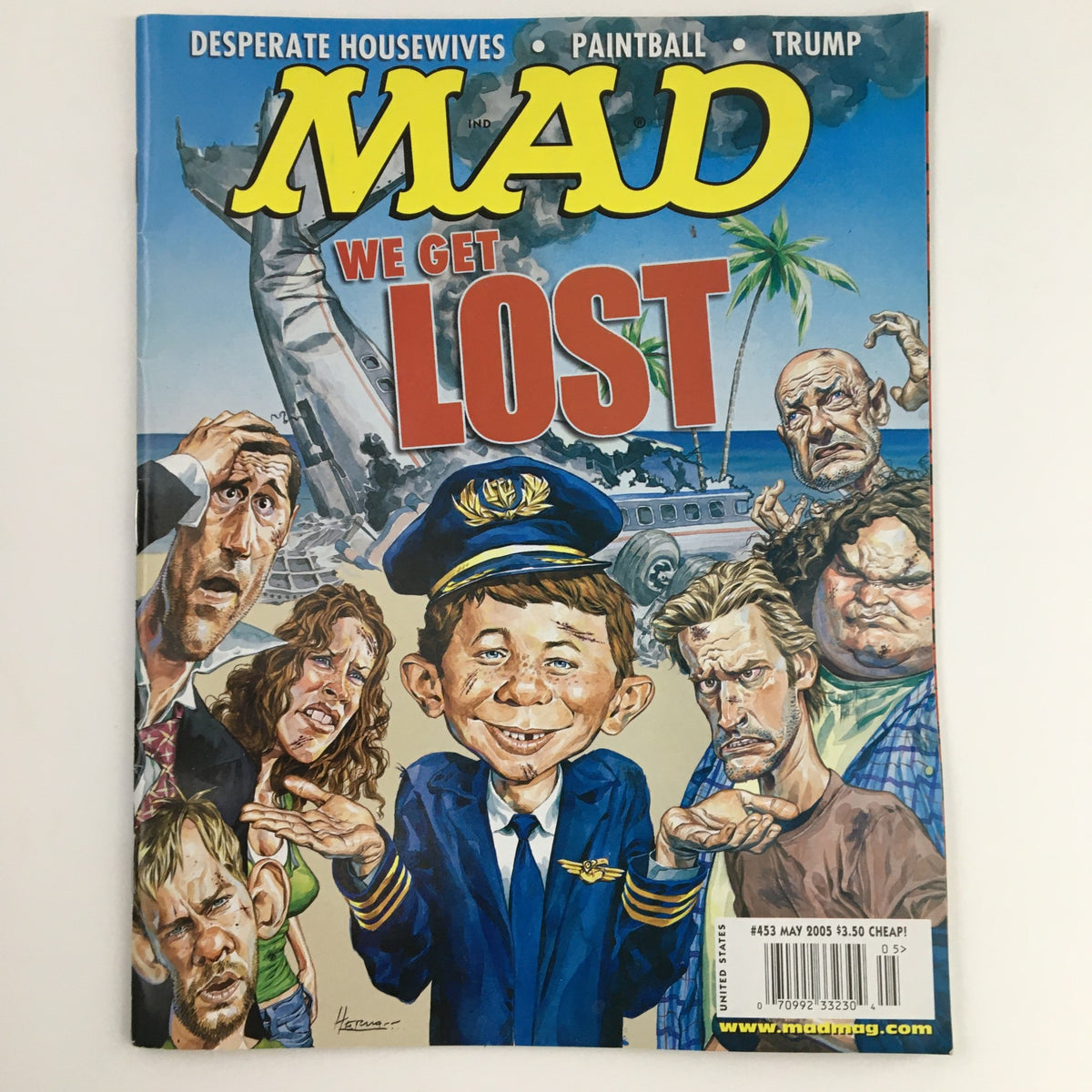 Cover of Mad Magazine May 2005 #453 featuring a parody of Lost and Desperate Housewives with cartoon characters including a captain and distressed characters on a tropical island.