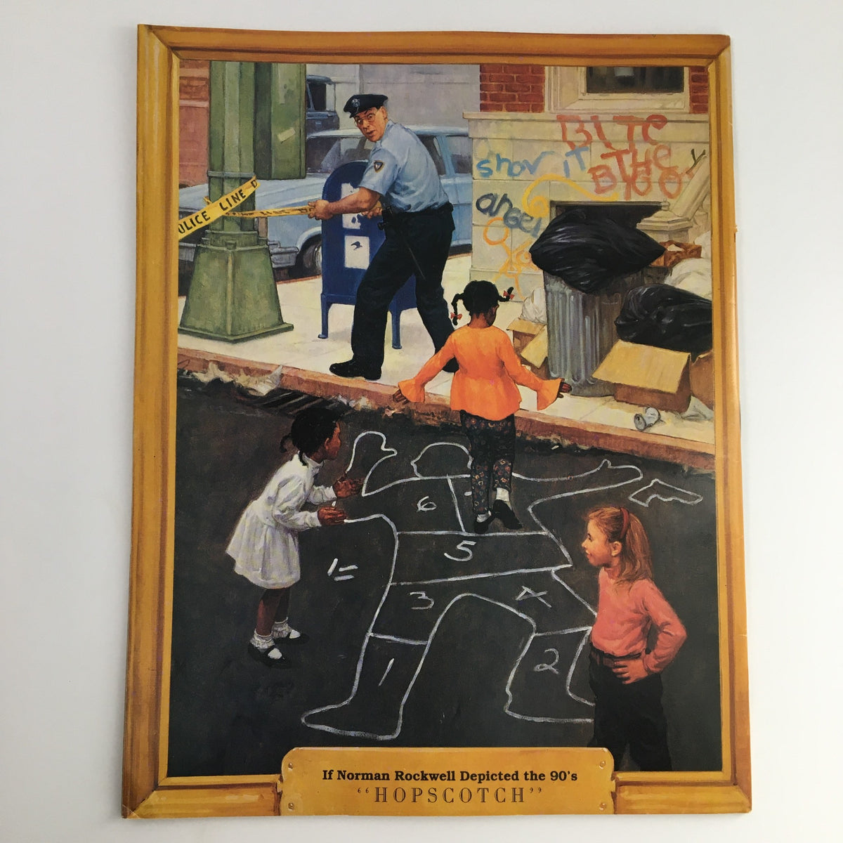 Cover illustration depicting children playing hopscotch on a city street, with a police officer managing a crime scene; titled 'If Norman Rockwell Depicted the 90's: HOPSCOTCH,' reflecting societal commentary and humor in the style of Mad Magazine.