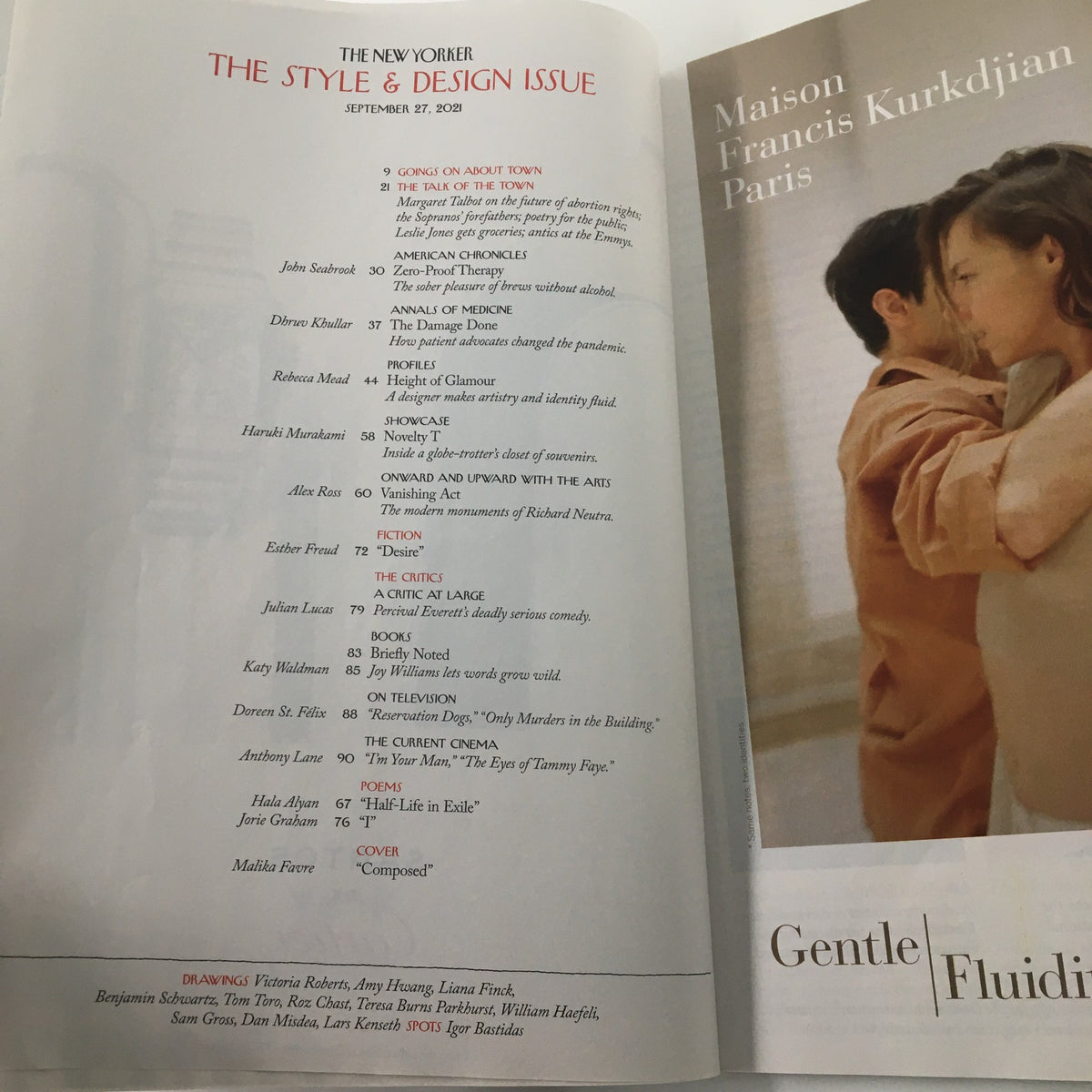 Interior page of The New Yorker Full Magazine September 27 2021 displaying the table of contents for 'The Style & Design Issue', highlighting featured articles and notable contributors.