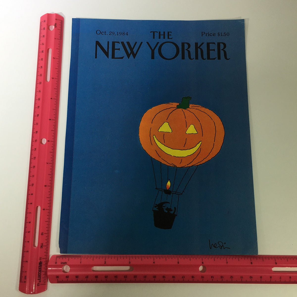COVER ONLY - The New Yorker Magazine October 29 1984 featuring a colorful illustration of a smiling pumpkin in a hot air balloon on a blue background, designed by Heidi Gonnel.