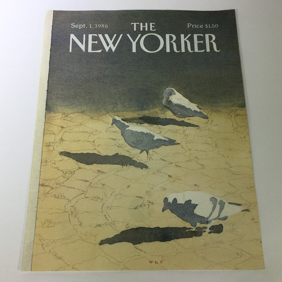 Cover of The New Yorker Magazine dated September 1, 1986, featuring artwork by Whitney Lee Savage, showcasing a serene depiction of pigeons on cracked earth.
