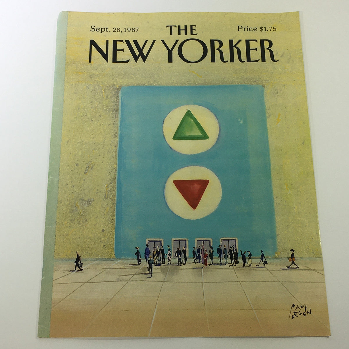 COVER ONLY - The New Yorker Magazine September 28 1987 featuring artwork by Paul Degen, showcasing two geometric shapes above a crowd of people.