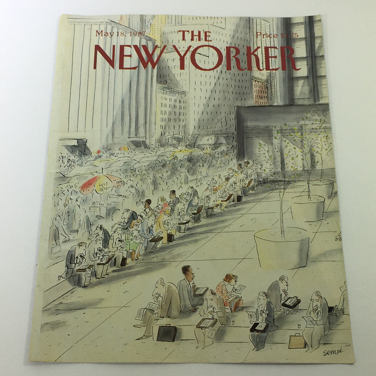 Cover of The New Yorker Magazine dated May 18, 1987 featuring whimsical illustration by Jean Jacques-Sempé, depicting a crowded scene with people reading on a city street.