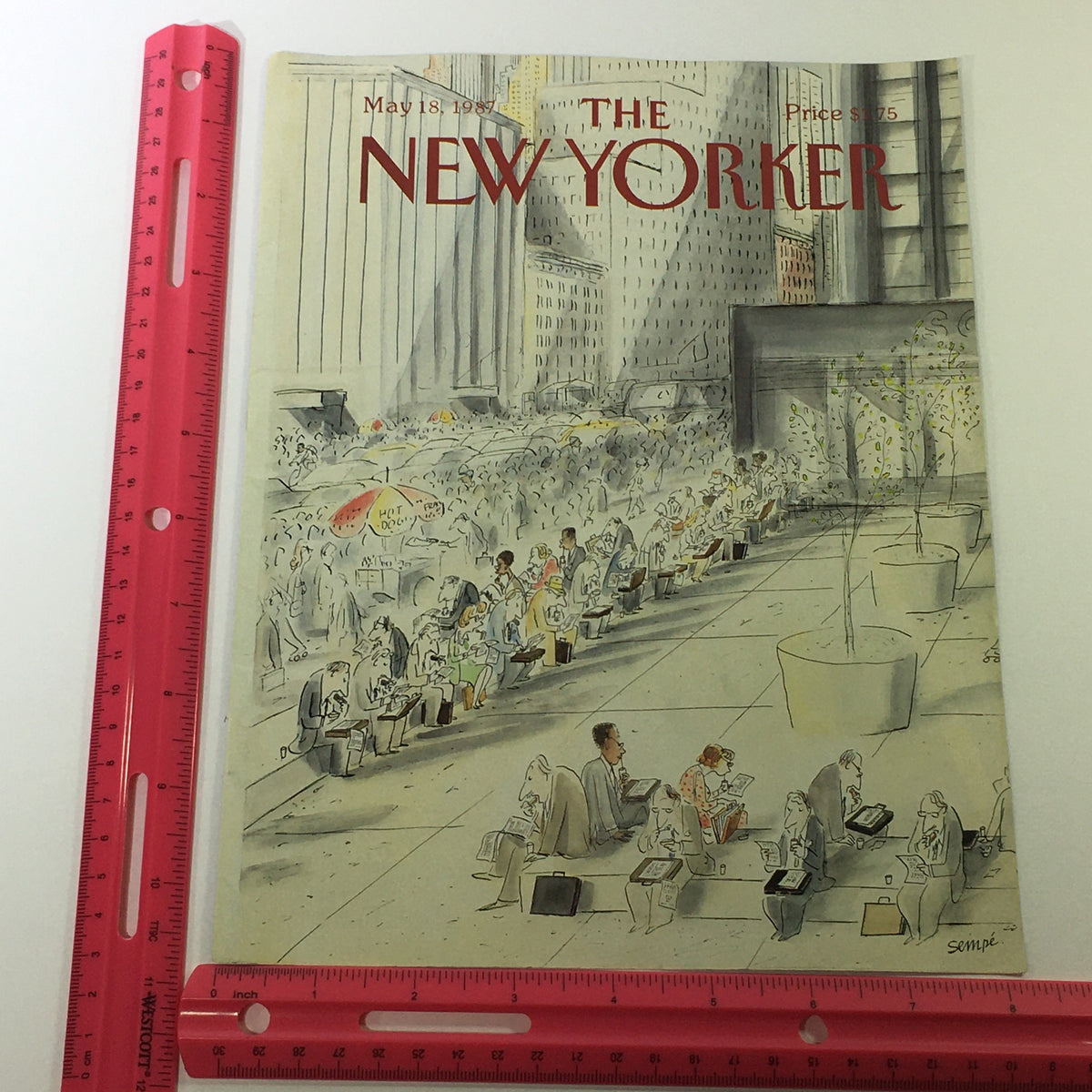 Cover of The New Yorker Magazine dated May 18, 1987 illustrated by Jean Jacques-Sempé, showcasing a vibrant city scene with diverse individuals engaged in reading, alongside a ruler for scale.