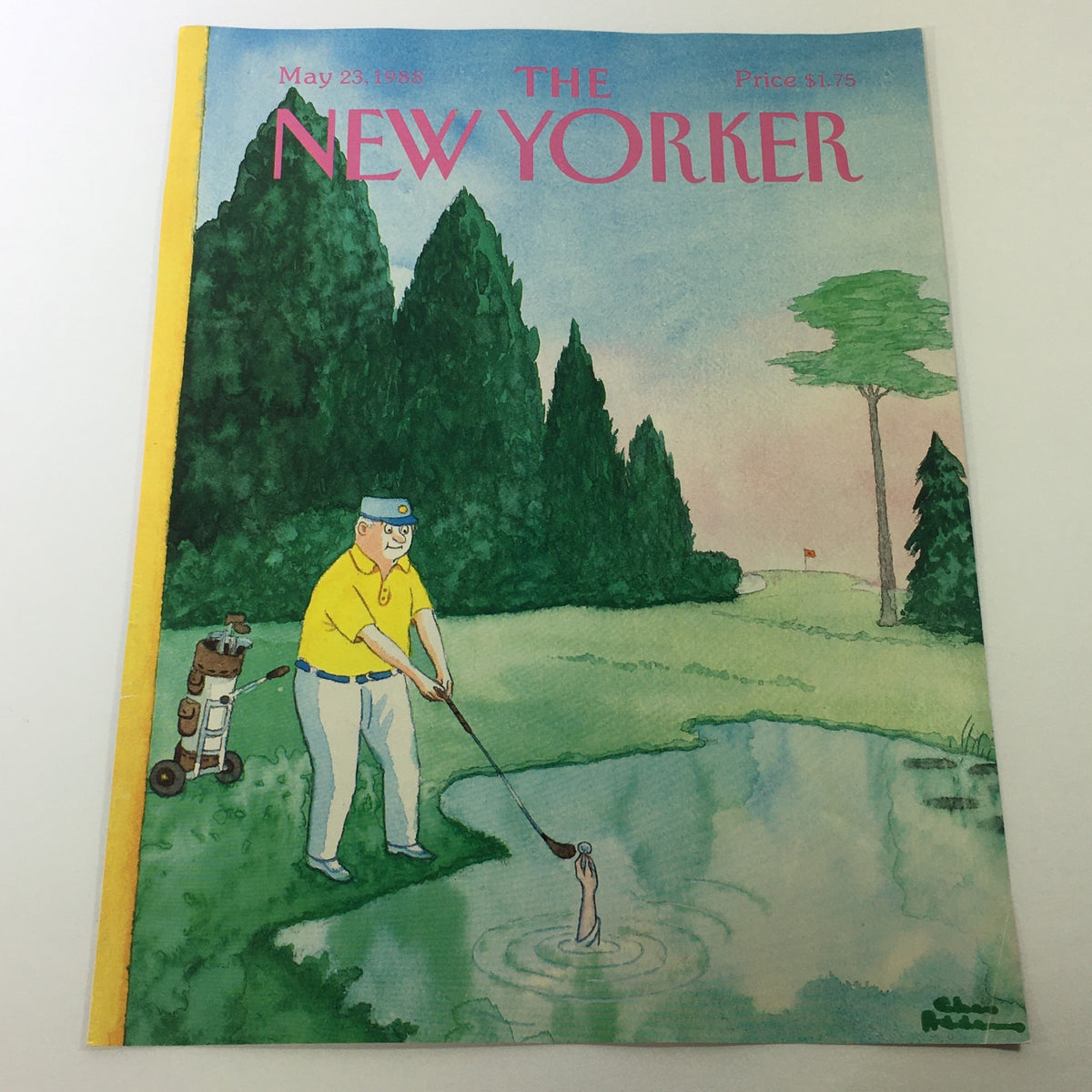 Cover of The New Yorker Magazine from May 23, 1988, illustrated by Chas Addams, featuring a whimsical scene of a golfer pulling a fish out of a pond with lush trees in the background.
