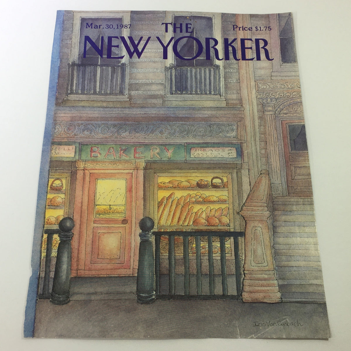 The New Yorker Magazine cover from March 30, 1987, illustrated by Iris Van Rynbach, showcasing a bakery storefront with loaves of bread arranged inside. The magazine features a nostalgic design reflecting the late 80s.
