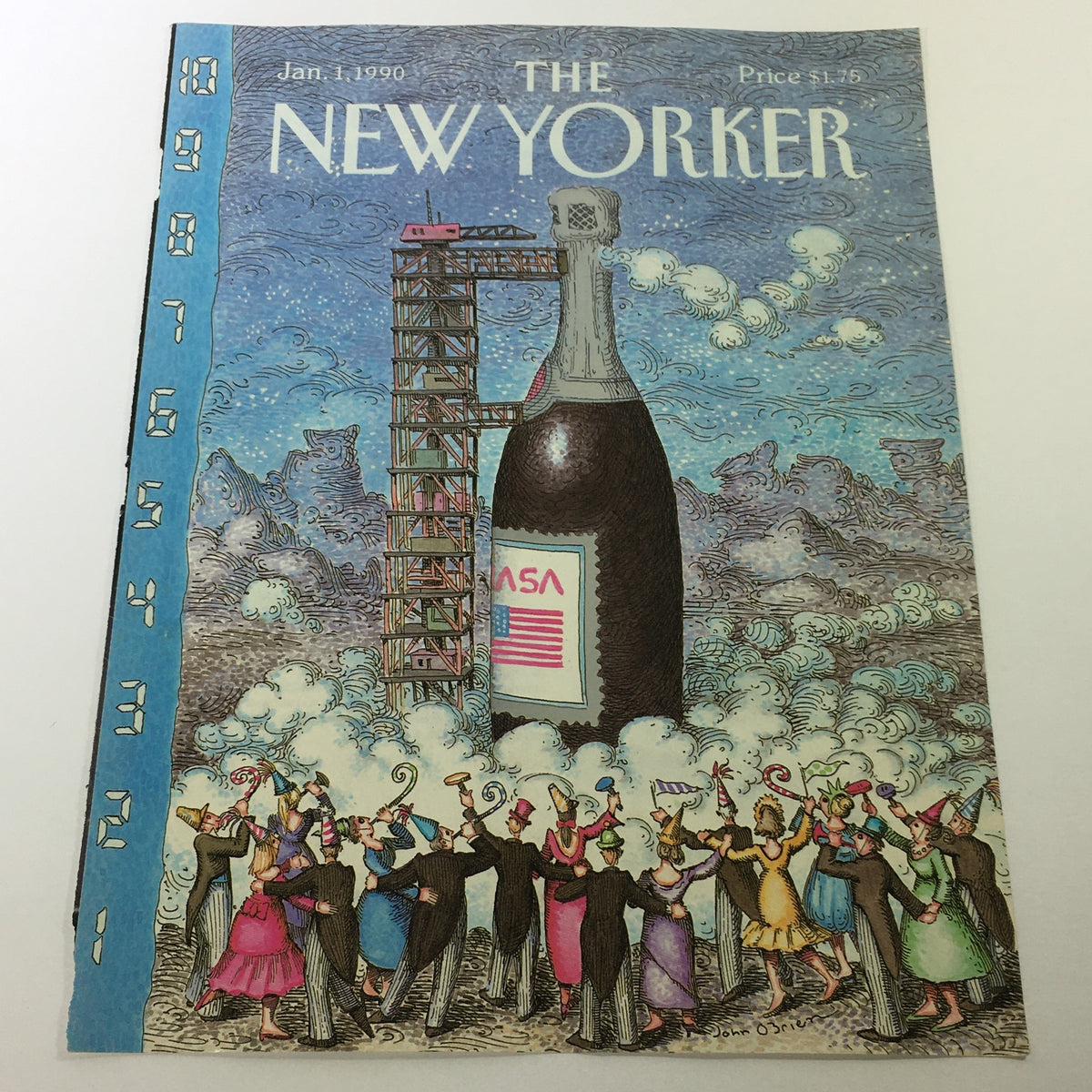 COVER ONLY - The New Yorker Magazine January 1 1990 illustrated cover by John O'Brien, featuring a large champagne bottle and celebratory figures.
