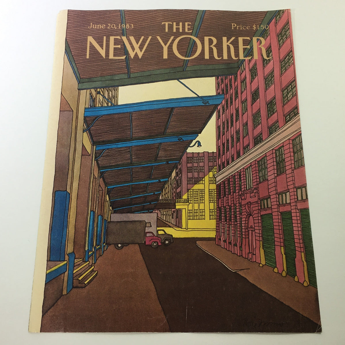Cover ONLY edition of The New Yorker Magazine June 20 1983 featuring unique artwork by Roxie Munro, showcasing a vintage cityscape with cars and buildings.
