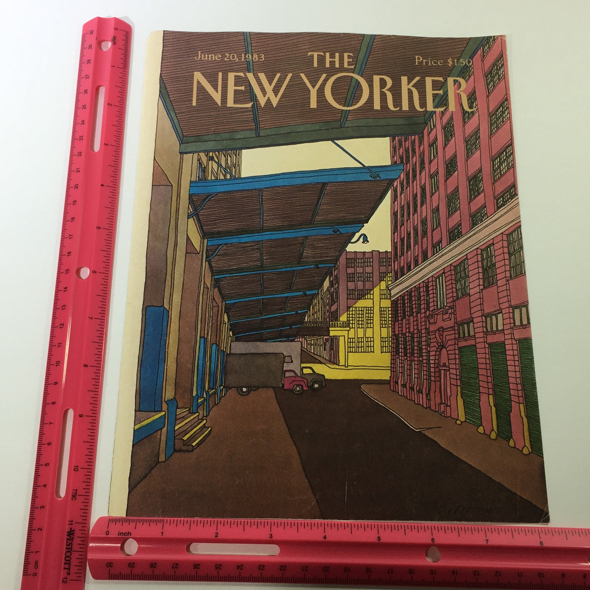 Full view of The New Yorker Magazine cover from June 20 1983 by Roxie Munro, featuring a vibrant street scene with trucks under a rooftop in a striking color palette.