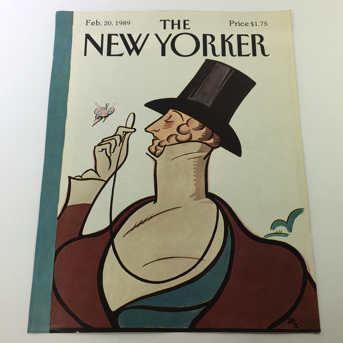 The New Yorker Magazine cover for February 20, 1989, featuring an artistic illustration by Rea Irving, showcasing a gentleman with a top hat and a whimsical expression.