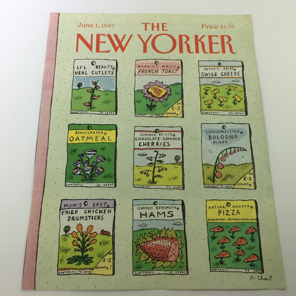 COVER ONLY - The New Yorker Magazine June 1 1987 - Roz Chast featuring whimsical illustrations of food items like veal cutlets, French toast, and oatmeal on a pastel background.