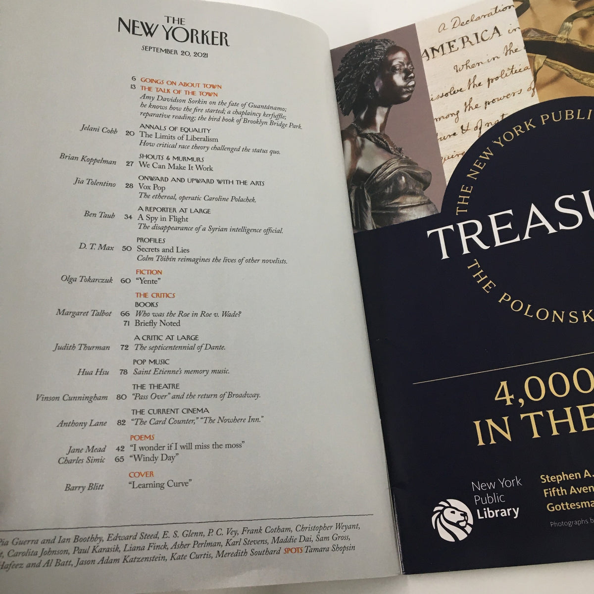 Interior page of The New Yorker Full Magazine September 20, 2021, showcasing the table of contents including the article 'Learning Curve' by Barry Blitt.