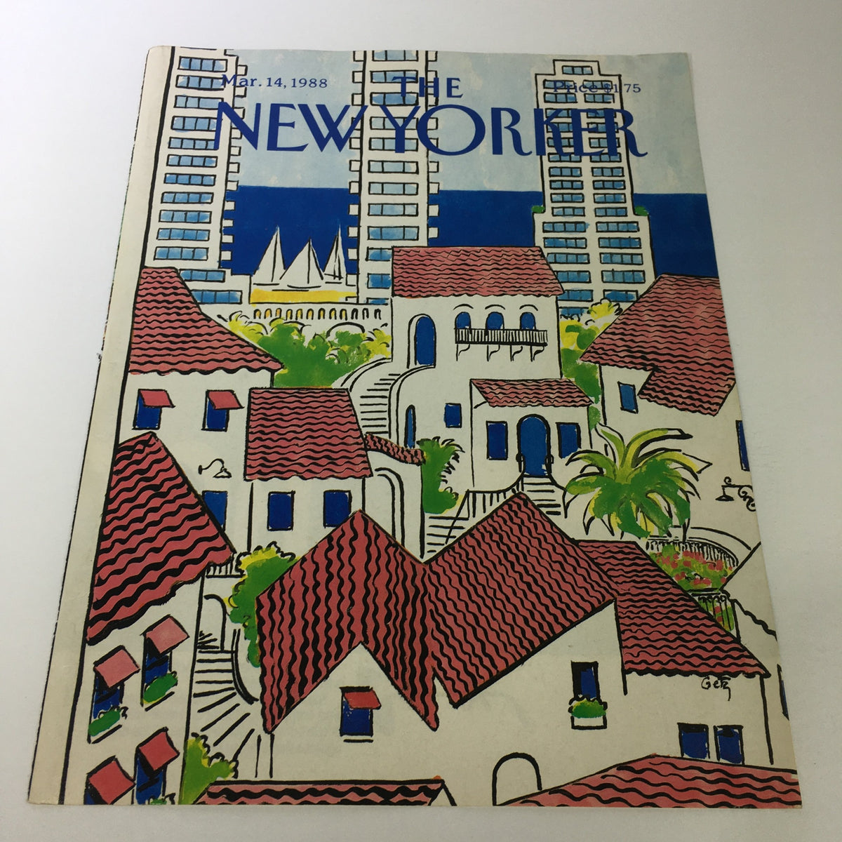 COVER ONLY - The New Yorker Magazine March 14, 1988 by Arthur Getz featuring a vibrant illustration of colorful houses and city skyline.