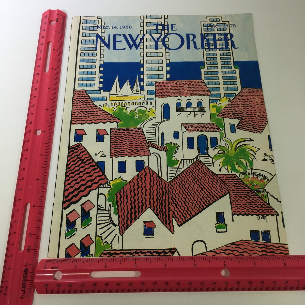 COVER ONLY - The New Yorker Magazine March 14, 1988 by Arthur Getz with a pink ruler for size reference overlaying the colorful cover art.