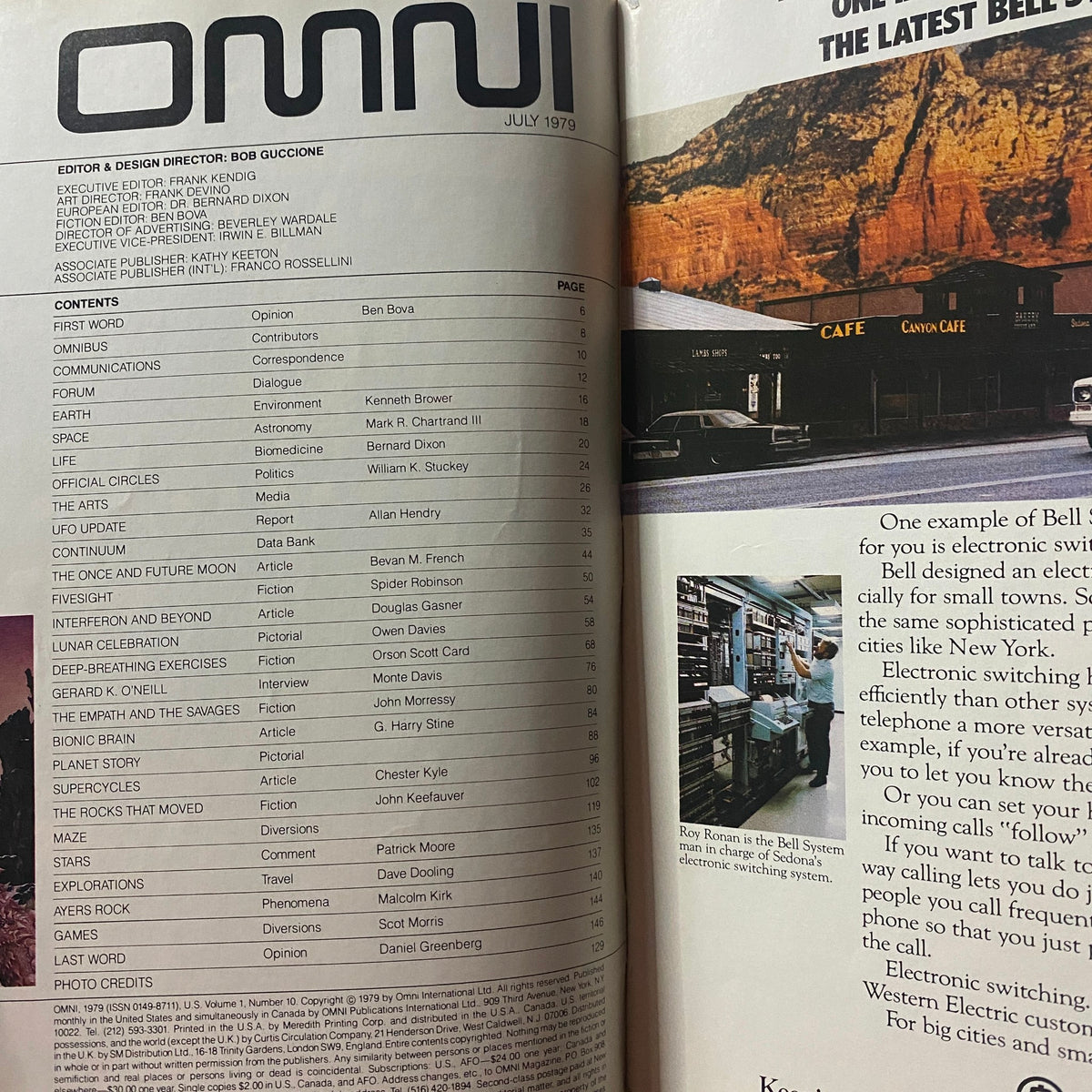 Contents page of VTG Omni Magazine July 1979, detailing featured articles and contributors, including the exploration of technology and brain-computer interfaces.