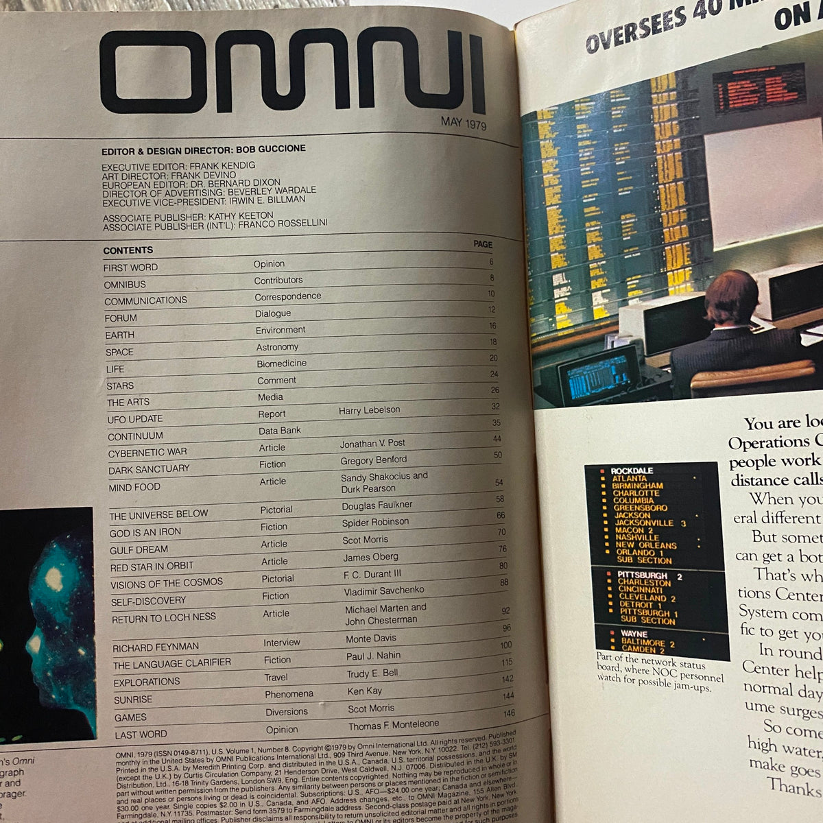 Table of contents page from VTG Omni Magazine May 1979, listing various articles such as 'First Word', 'Earth', and 'UFO Update', highlighting the magazine's focus on technology and science.