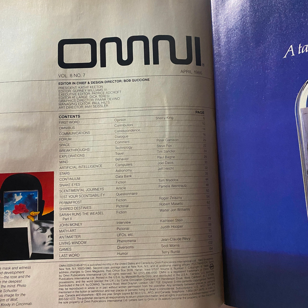 Contents page of Omni Magazine April 1986, detailing various articles including artificial intelligence, space exploration, and mood alterations, valuable for vintage magazine enthusiasts.