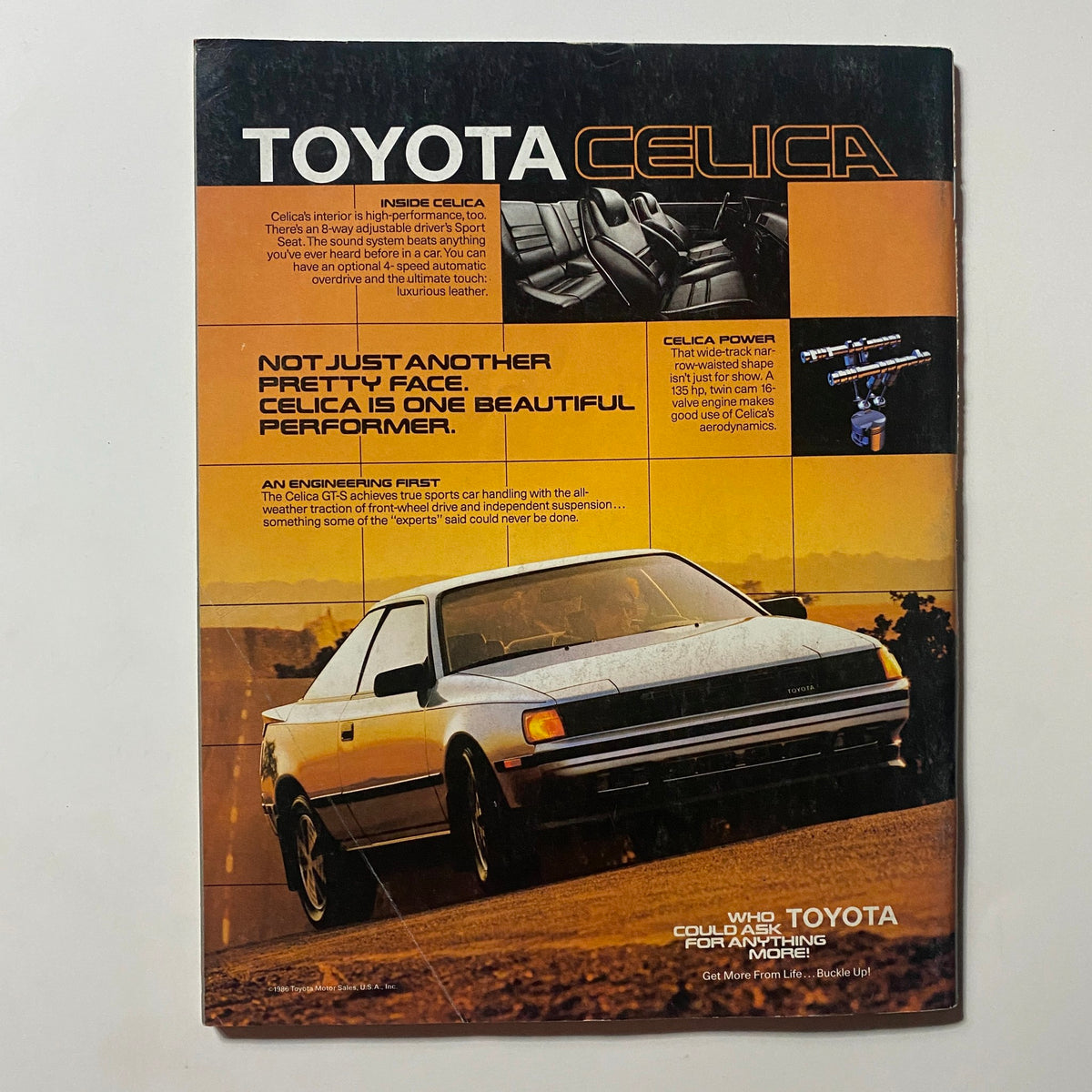 Page from Omni Magazine April 1986 displaying an advertisement for Toyota Celica, highlighting its features and performance, as part of a vintage magazine collection.