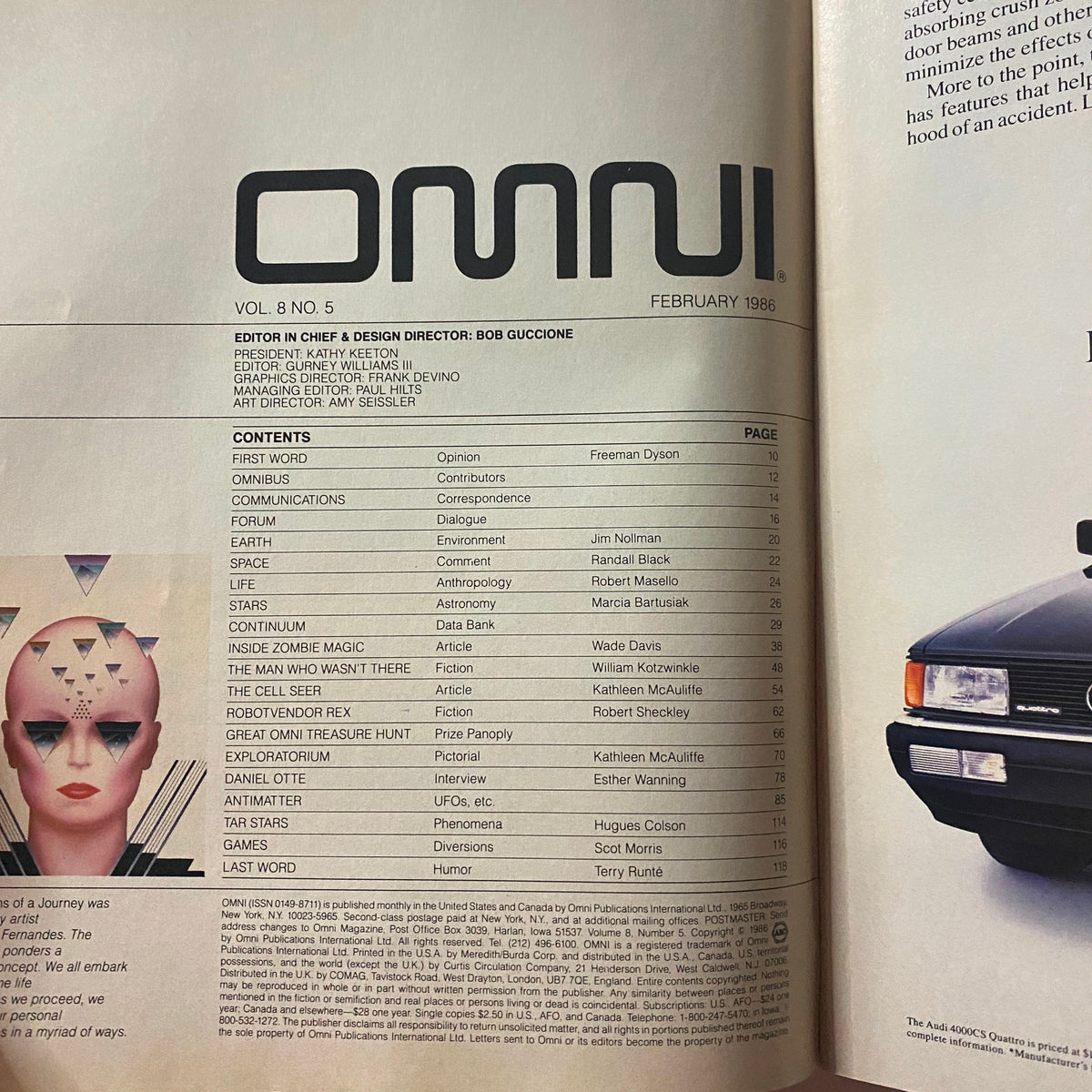 Contents page of Omni Magazine February 1986 listing articles including 'Inside Zombie Magic' and 'The Cell Seer' with the magazine's signature logo.
