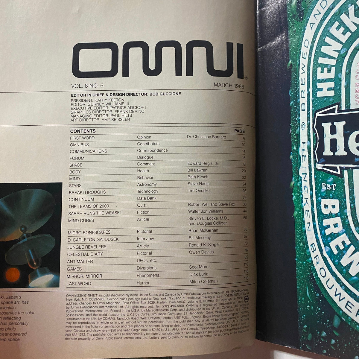 Contents page of VTG Omni Magazine March 1986, highlighting articles including Dr. Christiaan Barnard's opinion piece, showcasing the magazine's focus on science and technology.