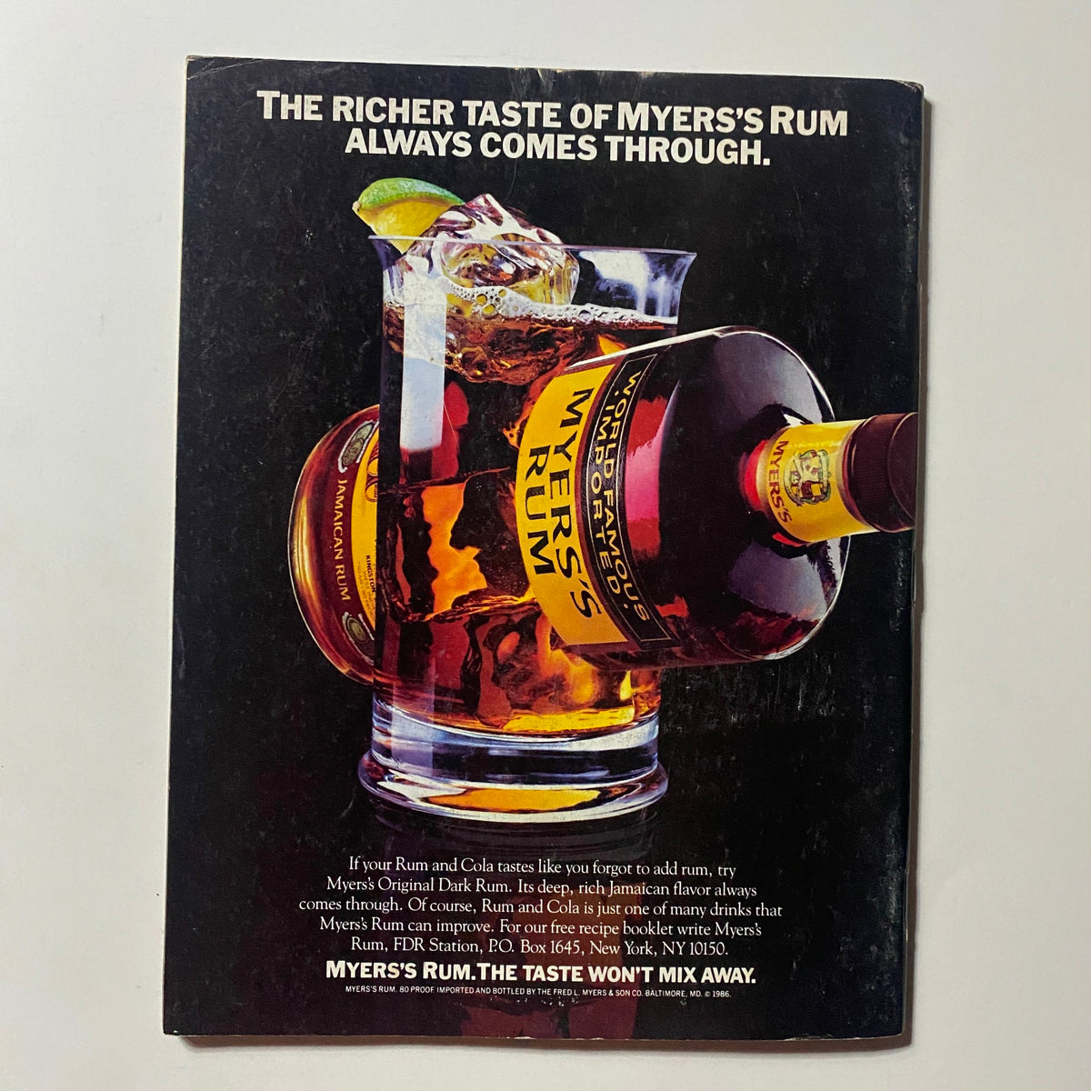 Back cover of Omni Magazine June 1986 featuring an advertisement for Myers's Rum, advertising its rich taste and perfect for collectors of vintage magazines.