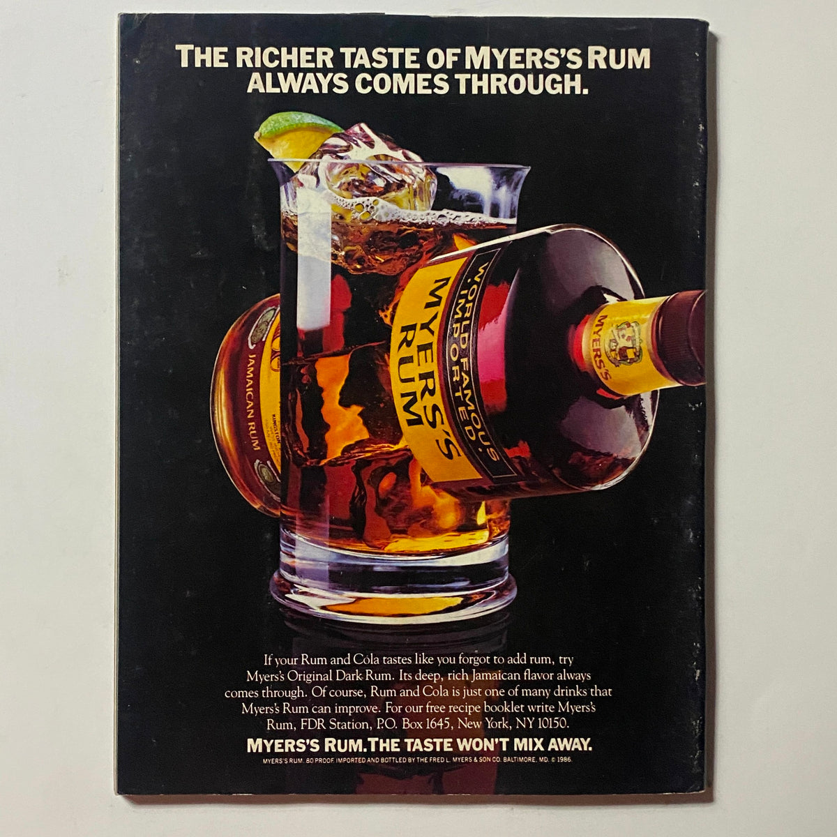 Back cover of VTG Omni Magazine June 1987 showcasing an advertisement for Myers's Rum with the tagline 'The richer taste of Myers's Rum always comes through'.