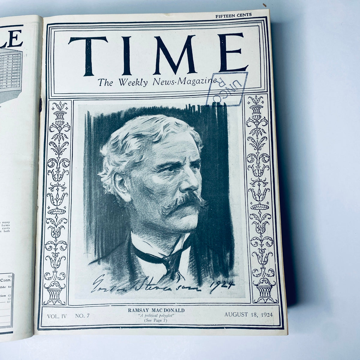 Time Magazine cover from August 18, 1924 featuring Ramsay MacDonald, an important political figure, within the illustrated boundary of the bound weekly magazine July to December 1924.