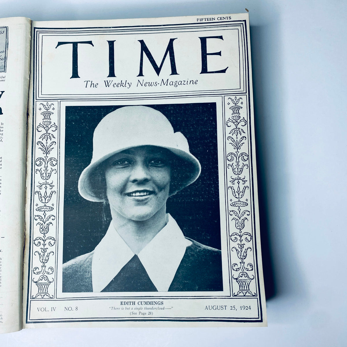 Time Magazine cover from August 25, 1924 presenting Edith Cummings, a well-known figure, as part of the bound collection of issues from July to December 1924.
