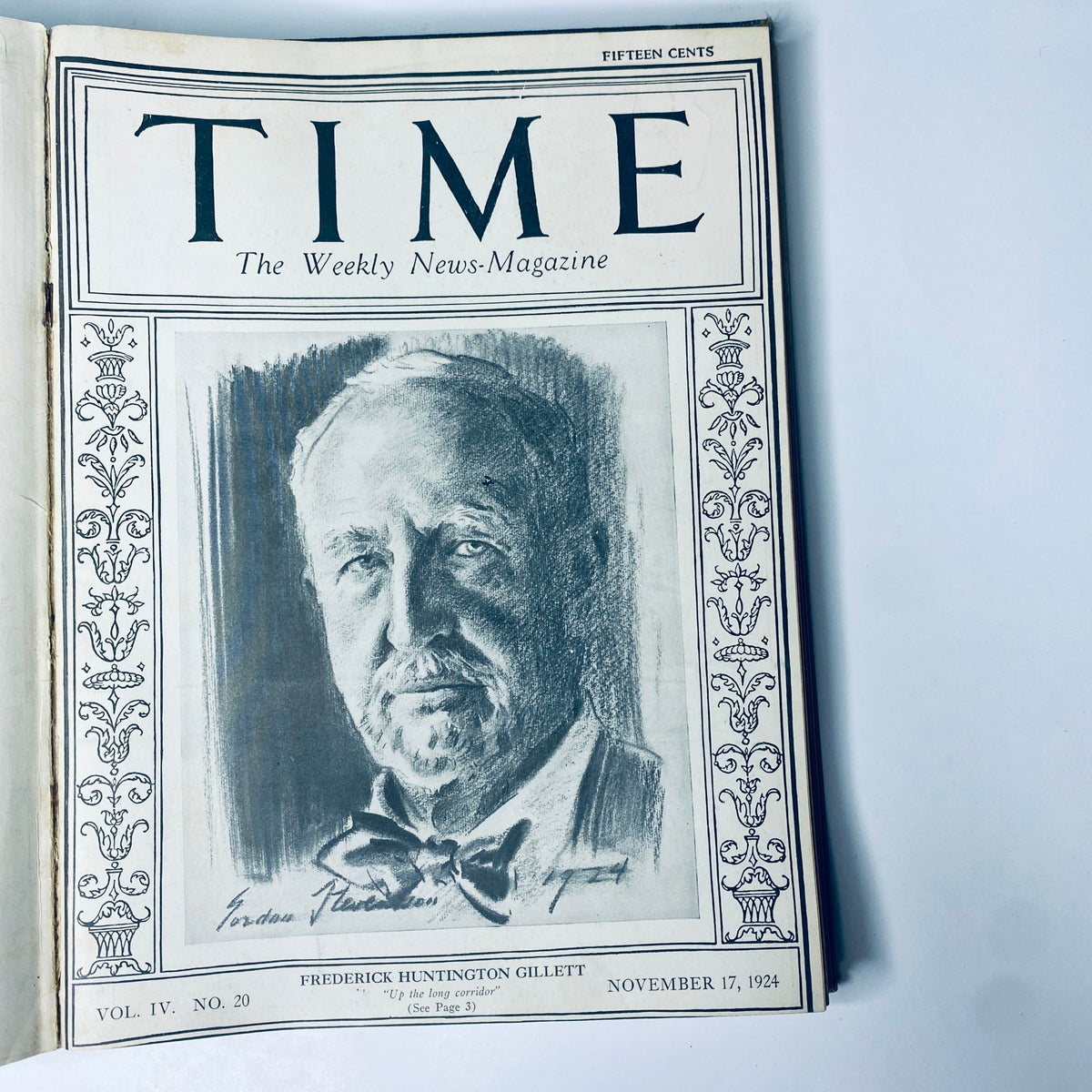 Time Magazine cover from November 17, 1924, depicting Frederick Huntington Gillett. Title: Time Magazine Bound Weekly 1924 July - December.
