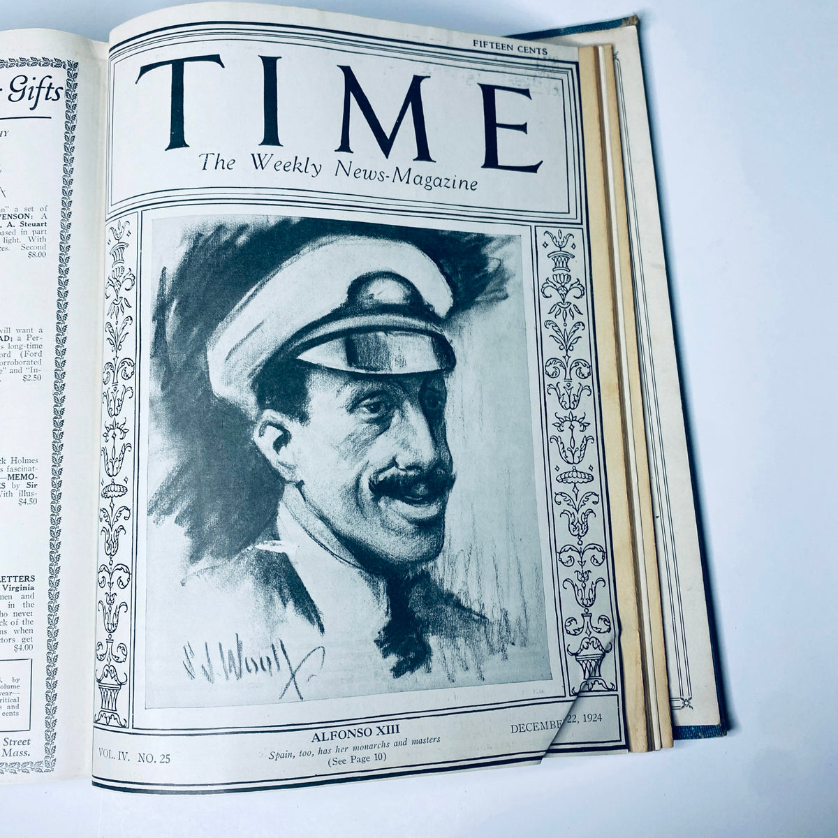 Cover page of Time Magazine Bound Weekly for December 1924 featuring Alfonso XIII. This historic magazine includes weekly issues from July to December 1924.