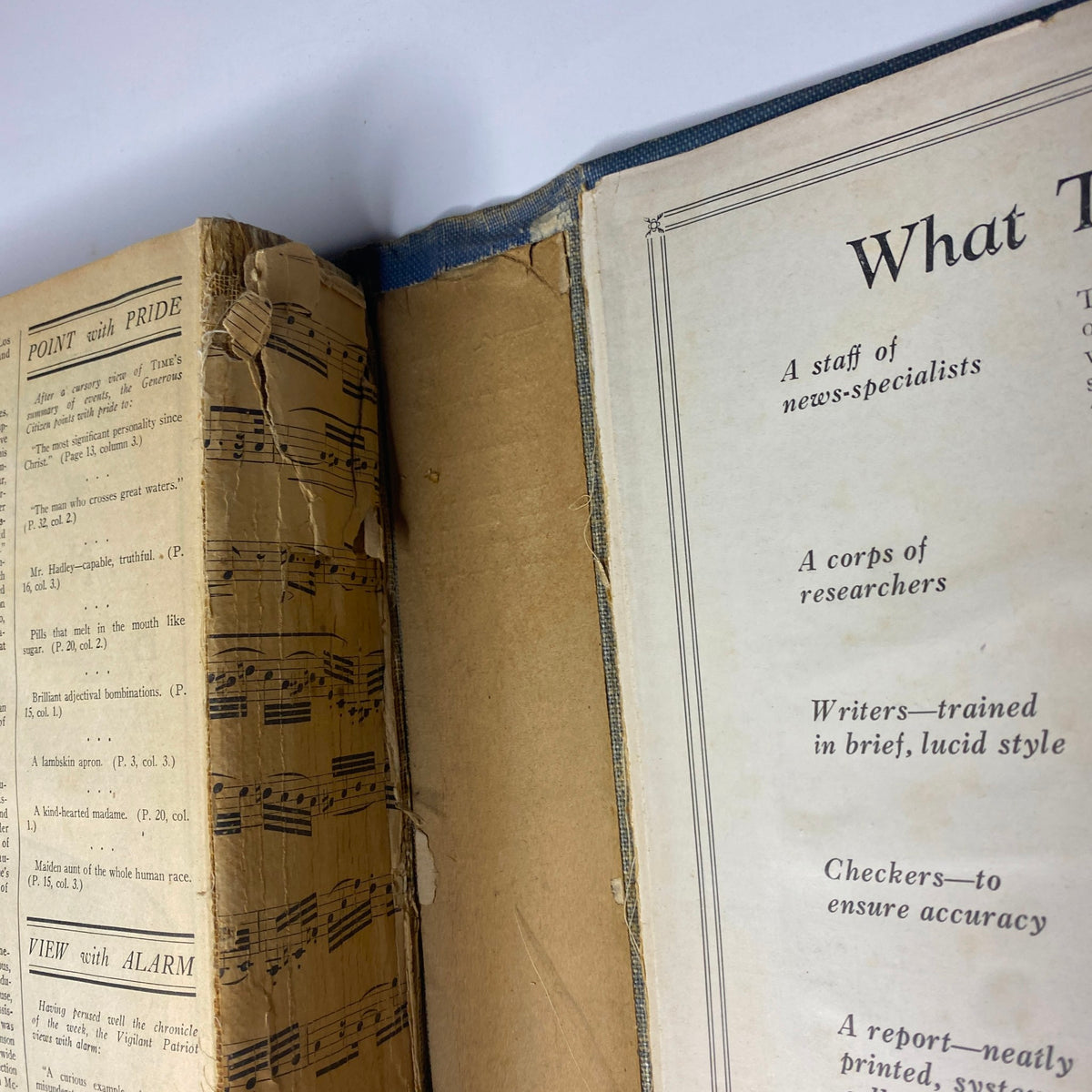 Close-up of the interior of Time Magazine Bound Weekly, showing the contents page and the aging binding. This volume contains editions from July through December 1924.
