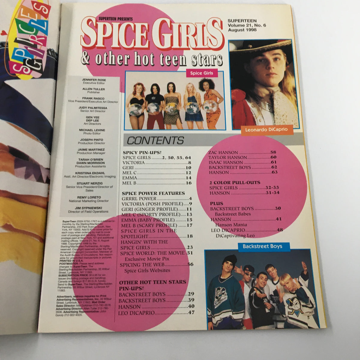 Contents page of Superteen Magazine August 1998 Vol 21 #6 showcasing sections on the Spice Girls, Leonardo DiCaprio, and other teen stars of the era.