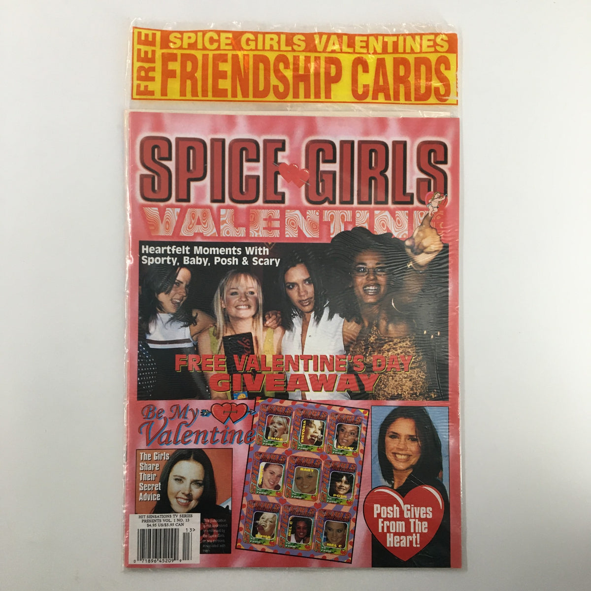 Vintage magazine cover of Hit Sensations TV Series Presents Vol. 1 #13 featuring the Spice Girls. The cover highlights Valentine's themed content with images of the group members and promotions for friendship cards. This collectible issue is new and sealed, celebrating 90s pop culture.