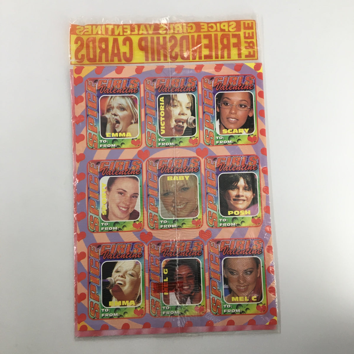 Hit Sensations TV Series Presents Vol. 1 #13 Spice Girls Valentine greeting cards featuring images of the Spice Girls, including Emma, Victoria, Scary, Baby, Posh, and Mel C, perfect for collectors and fans.