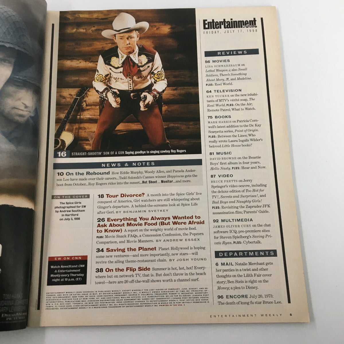 Entertainment Magazine, July 17, 1998 inside page showcasing news and notes including an article about the Spice Girls, as they discuss life after Ginger Spice's departure.