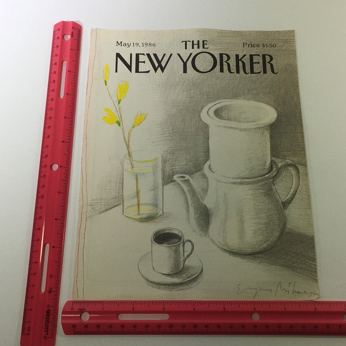 The New Yorker Magazine cover dated May 19, 1986, illustrated by Eugene Mihaesco, including a teapot, a cup on a saucer, and a glass with flowers.
