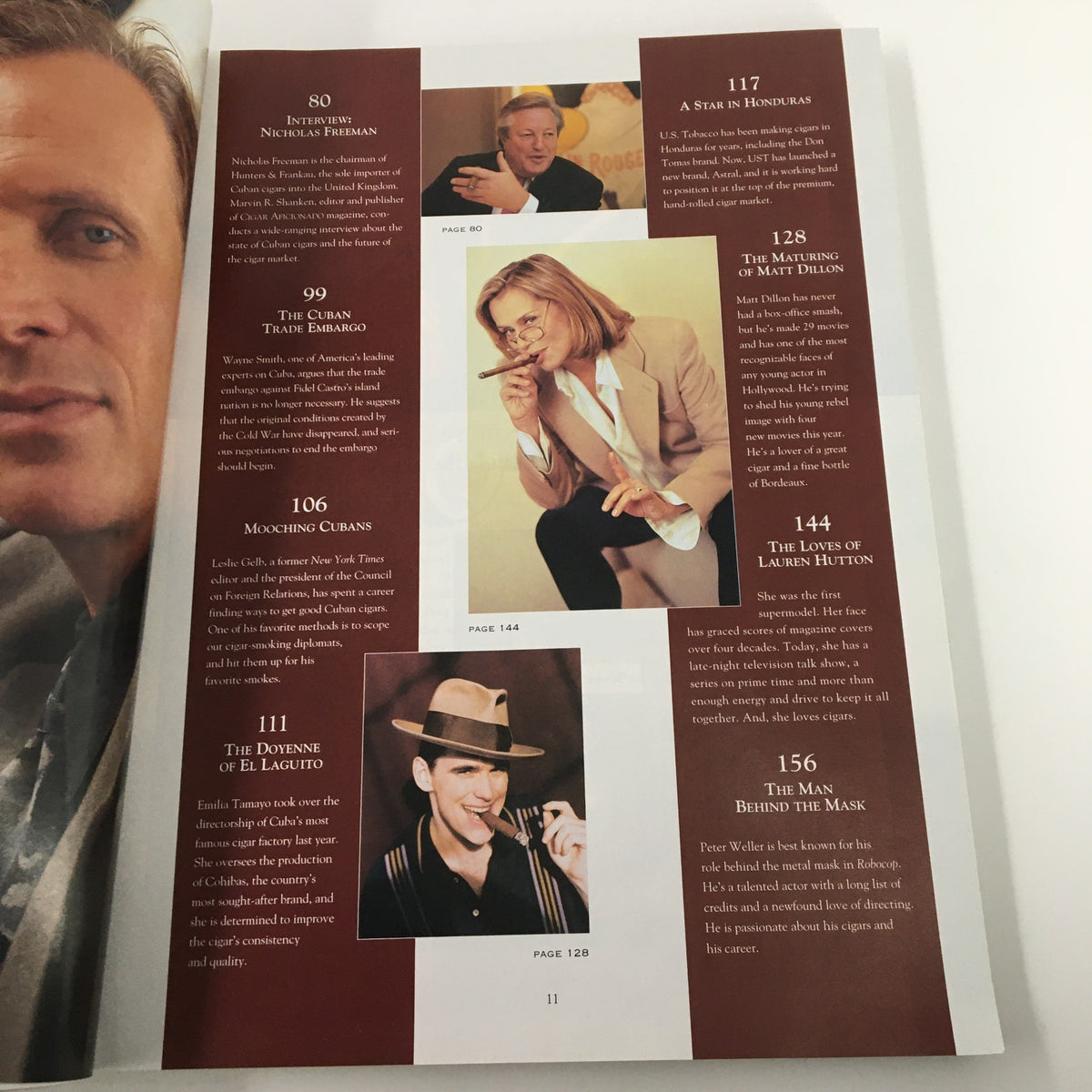 Inside the Cigar Aficionado Magazine Spring 1996 featuring an article on Matt Dillon titled 'The Maturing of Matt Dillon'. The image highlights content related to cigar culture, featuring notable figures in the industry and their contributions, reflecting the magazine's focus on lifestyle and cigars.