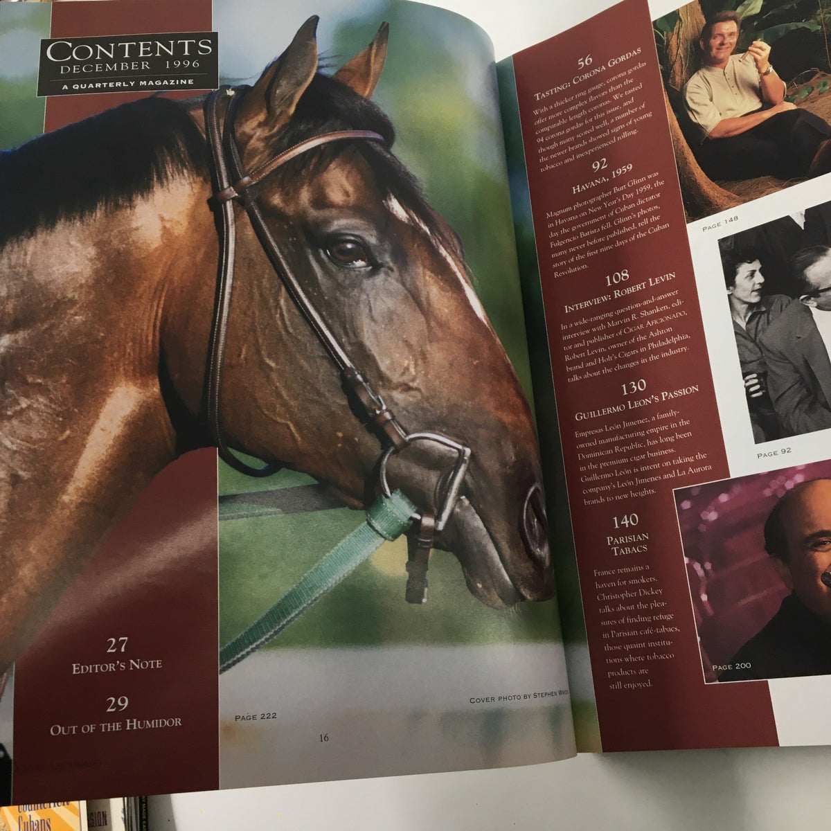 Contents page of Cigar Afficionado Magazine Winter 1996, featuring articles and features about cigars, including a photo of a horse and various topics related to cigar aficionado culture.
