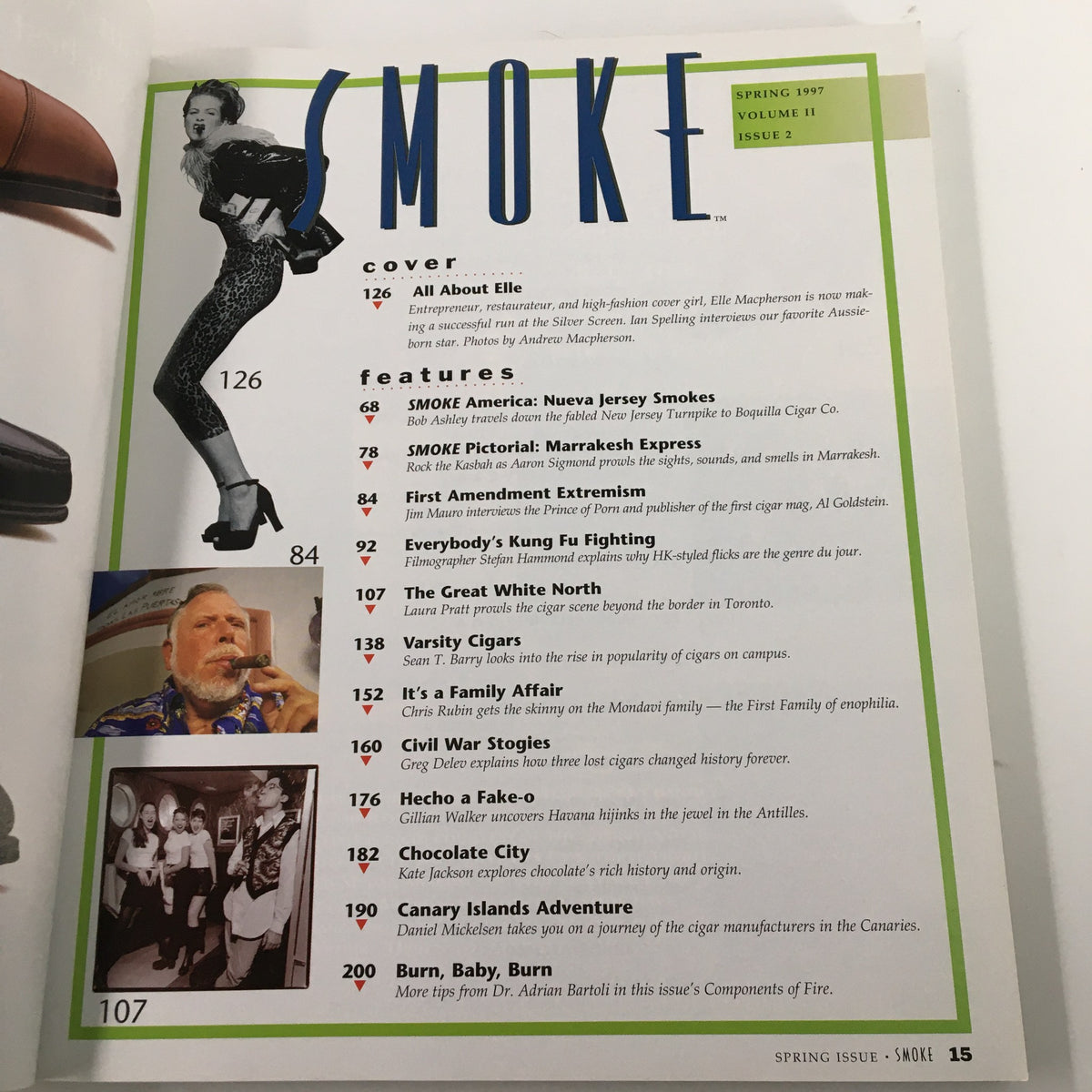 Cover page of Smoke Magazine Spring 1997 featuring Elle Macpherson, titled 'Smoke Magazine Spring 1997 Elle Macpherson Lights Up the Silver Screen No Label'. The cover highlights articles and features related to cigars and lifestyle.