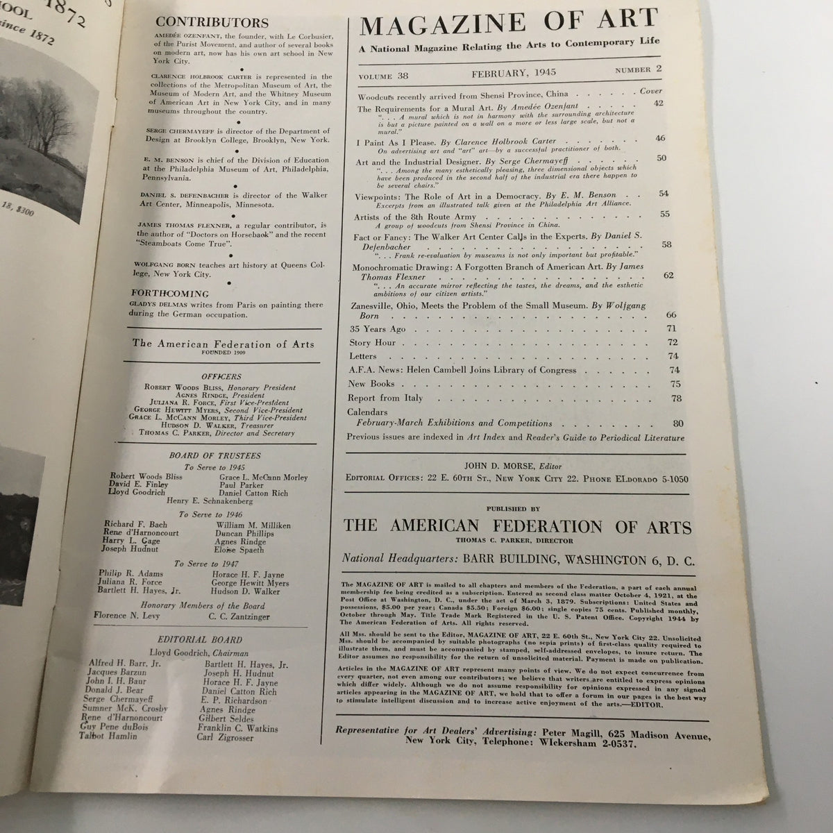 Inside page of VTG Magazine of Art February 1945 Vol 38 #2 displaying the table of contents with articles and contributors listed, showcasing the publication's focus on contemporary art and cultural commentary.